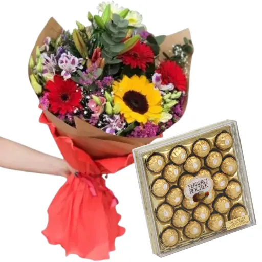 Ramo de flores de estacion con bombones ferrero rocher x24